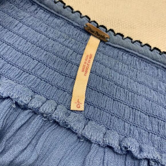 Free People Sz L Wind Willow oversized embroidered shirred mini dress boho blue - Picture 10 of 11